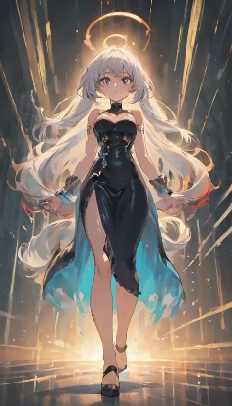 30 year old woman walking away, slowly taking off clothes,  transparent black dress, long hair, white hair, large breast, large thighs