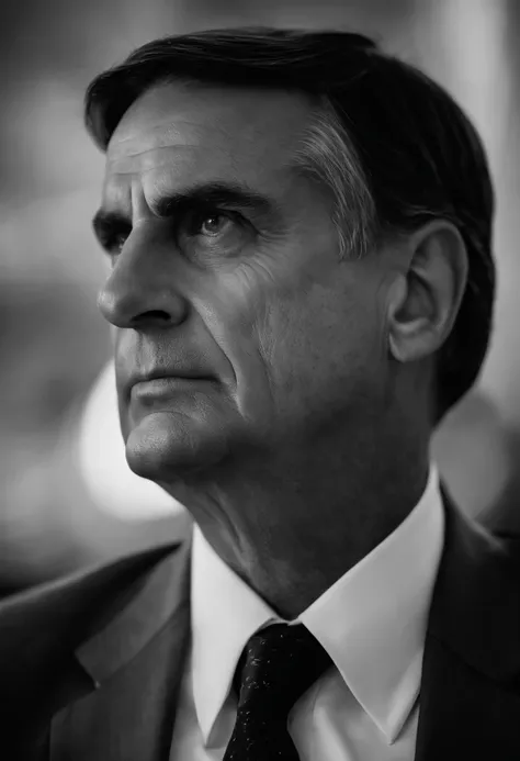 Arafed foto em preto e branco de um homem de terno e gravata, a black and white photo by Antônio Parreiras, Unsplash, arte digital, jair bolsonaro, bolsonaro, Presidente do Brasil, gui guimaraes, looking serious, Janusz Jurek, imagem de perfil, olhar inten...