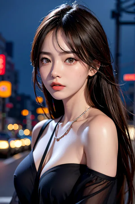 1girl, Tokyo street,night, cityscape,city lights, upper body,close-up, 8k, RAW photo, best quality, masterpiece,realistic, photo-realistic,