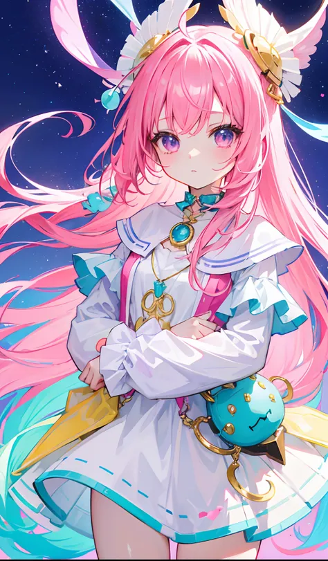 Colorful light background，long whitr hair，Has a bright pinkish-purple transparent gum texture，In pink、Wear yours with blue and white，yellow and greens，Cyan matching accessories pendant decoration，This is a very sweet and sweet loli girl