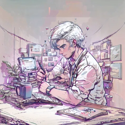 crie uma arte estilo lofi, com um homem branco sentado a mesa estudando, rosto com sombras, sentado de lado para o espectador, olhar fixo nos estudos, segurando um caderno apoiado sobre a mesa, 2D, Lofi, detalhes, obra prima, 4k, papel de parede