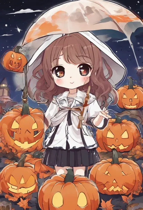 "Produce a spine-tingling Halloween-themed chibi anime artwork that juxtaposes cuteness with horror. Illustrate an adorable chibi character dressed as a classic horror icon (e.g., vampire, mummy, or witch) while surrounded by cute, yet spooky, elements lik...