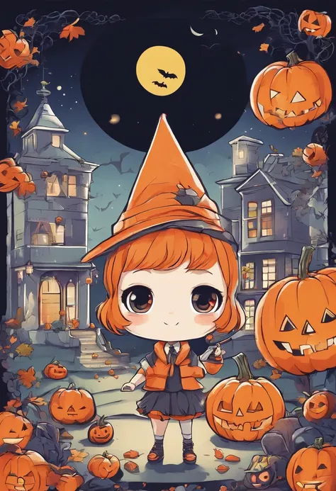 "Produce a spine-tingling Halloween-themed chibi anime artwork that juxtaposes cuteness with horror. Illustrate an adorable chibi character dressed as a classic horror icon (e.g., vampire, mummy, or witch) while surrounded by cute, yet spooky, elements lik...