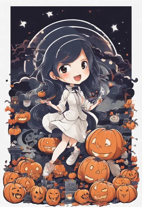 "Produce a spine-tingling Halloween-themed chibi anime artwork that juxtaposes cuteness with horror. Illustrate an adorable chibi character dressed as a classic horror icon (e.g., vampire, mummy, or witch) while surrounded by cute, yet spooky, elements lik...