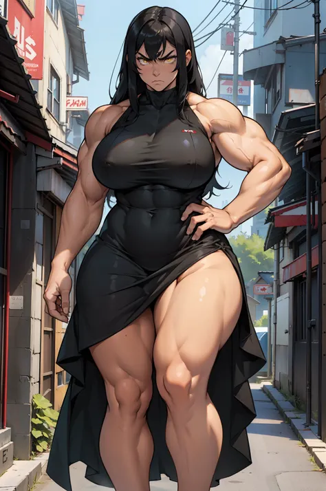 (((((muscular 1 girl))))) (thick thighs huge breasts wide hips curvy toned body)  (angry) yellow eyes black hair very long hair pale skin solo sundress