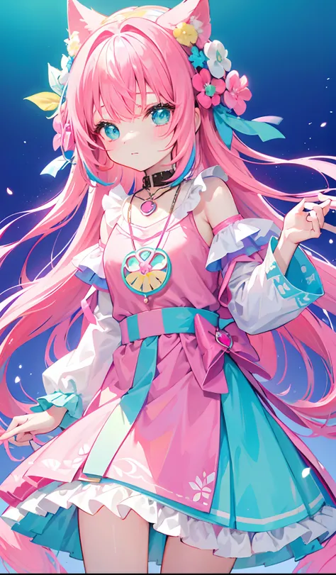 Colorful light background，long whitr hair，Has a bright pinkish-purple transparent gum texture，In pink、Wear yours with blue and white，yellow and greens，Cyan matching accessories pendant decoration，This is a very sweet and sweet loli girl