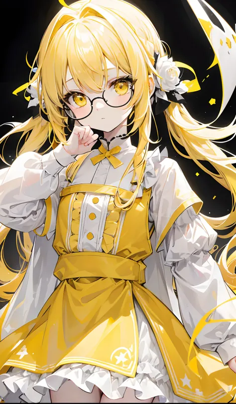 Pale yellow pigtails，Glowing，black-frame glasses，Various light yellowish white with light golden yellow dresses look a little cute,The eyes are a brilliant golden yellow，Fluorescent，Poor milk and simple，There is fluorescence on the whole