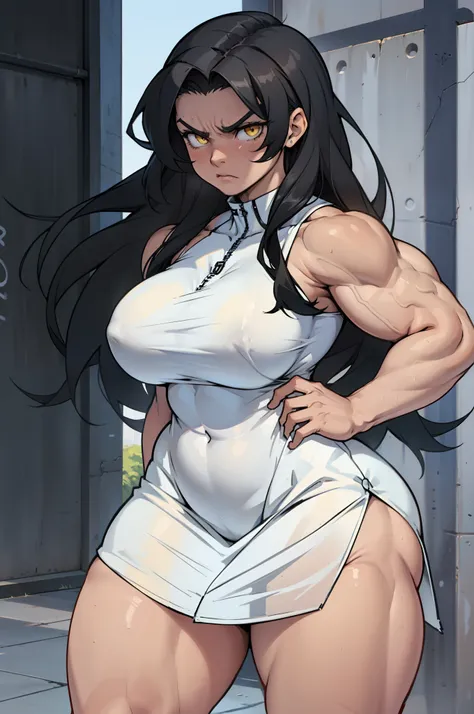 (((((muscular 1 girl))))) thick thighs huge breasts wide hips curvy toned body (angry) yellow eyes black hair very long hair pale skin solo sundress