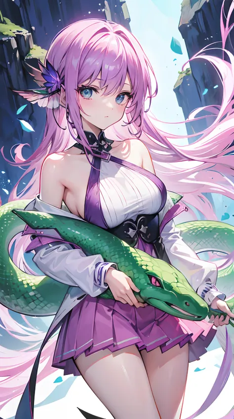 Contains purple-pink hair and green，White and green plain clothes，It is a beautiful snake and dragon fairy