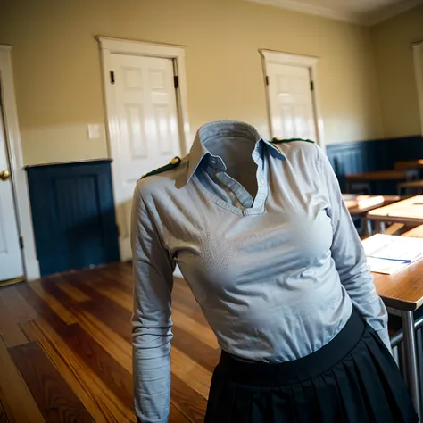 school uniform and leggings, ((invisible, no humans:1.5, headless:1.5, handless, legless)), (big breast), close-up to breast, (extremely detailed), (photo realistic), (photon mapping), writing hard on desk in school