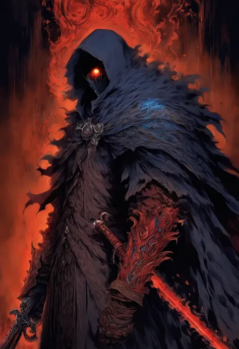 hombre de pelo rojo corto, con un ojo azul y el otro ojo cerrado con una cicatriz, Tiene la barba sombreada, Lleva una larga chaqueta roja, como un cazador de Bloodborne, Lleva una mandoble, has a prosthetic left arm, Its shrouded in fire, Anime de los 80