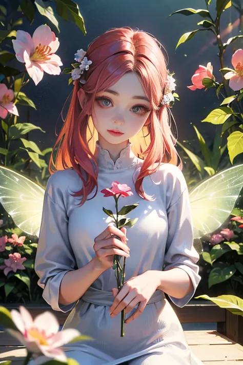 (master part), (melhor qualidade de imagem), 8k, High detail, Super Detalhe, A beautiful and magical flower fairy, with translucent wings on the back, voando no ar, flashing a rainbow of bright colors, voando no ar, flying elegantly between two flower-cove...