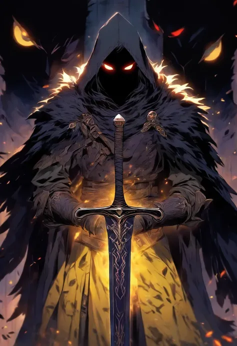 A white mask appears over a cloak of raven feathers that completely conceals his body. This guy is holding a heavy crossbow and his eyes are yellow, contrasting with the night around him. He remains hidden in the shadows. He dresses completely in black and...