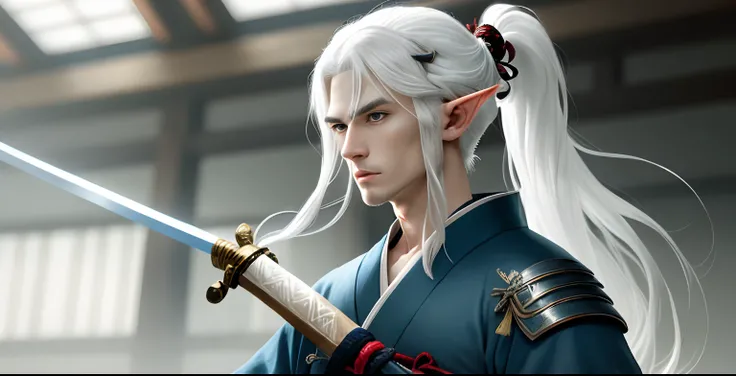 half-elf male, white hair long in a ponytail, baby blue kimono, samurai sword