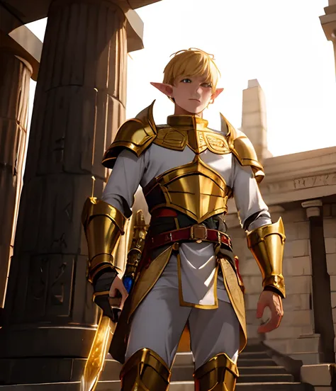 1 boy, a young elf paladin, fully dressed in armor with gold details, with a fire sword, in an Egyptian temple, D&amp;D, masterpiece, best quality, high contrast, soft lighting, backlighting, blooming, light sparkles, chromatic aberration, smooth, sharp fo...