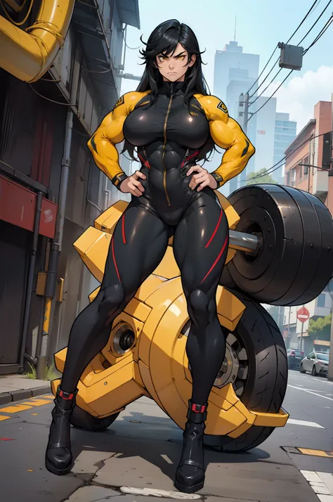 (((((muscular 1 girl))))) thick thighs huge breasts wide hips curvy toned body (angry) yellow eyes black hair very long hair pale skin solo (bodysuit) pilot suit ((full body))