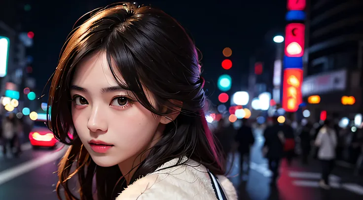 1girl, Tokyo street,night, cityscape,city lights, upper body,close-up, 8k, RAW photo, best quality, masterpiece,realistic, photo-realistic,