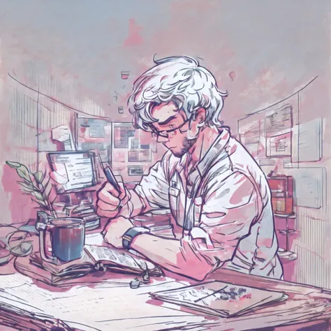 crie uma arte estilo lofi, com um homem branco sentado a mesa estudando, rosto com sombras, sentado de lado para o espectador, olhar fixo nos estudos, segurando um caderno apoiado sobre a mesa, 2D, Lofi, detalhes, obra prima, 4k, papel de parede