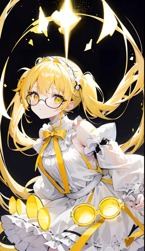 Pale yellow pigtails，Glowing，black-frame glasses，Various light yellowish white with light golden yellow dresses look a little cute,The eyes are a brilliant golden yellow，Fluorescent，Poor milk and simple，There is fluorescence on the whole