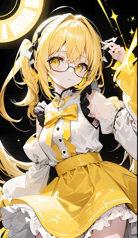 Pale yellow pigtails，Glowing，black-frame glasses，Various light yellowish white with light golden yellow dresses look a little cute,The eyes are a brilliant golden yellow，Fluorescent，Poor milk and simple，There is fluorescence on the whole