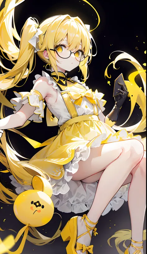 Pale yellow pigtails，Glowing，black-frame glasses，Various light yellowish white with light golden yellow dresses look a little cute,The eyes are a brilliant golden yellow，Fluorescent，Poor milk and simple，There is fluorescence on the whole