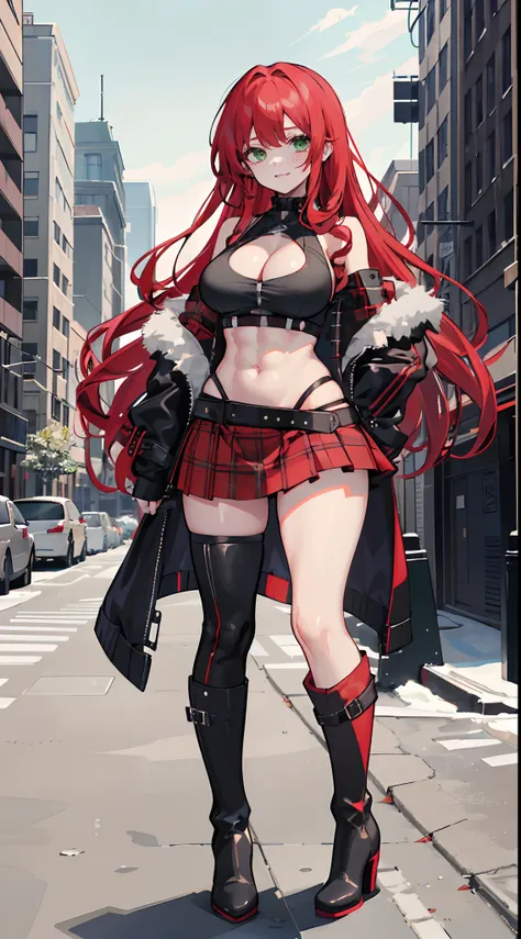 1girl, long curly red hair, green eyes, wearing crop top black shirt, red plaid skirt, (black knee high boots), black fingerless gloves, jacket, exposed shoulders, thick thighs, (full body), large breasts, freckles, cleavage, abs, absurdres, high res, ultr...