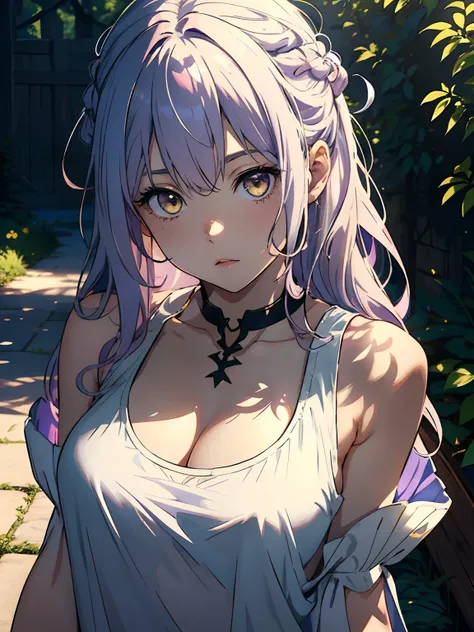 ((masterpiece, best quality)), (1girl, anime girl in medieval style),(loli, little girl,), (solo), (female focus), (light pale purple hair, messy hair, long hair),yellow eyes, ((exposed shoulder, tank top)) , shy, portraits, close up, upper body, vibrant c...