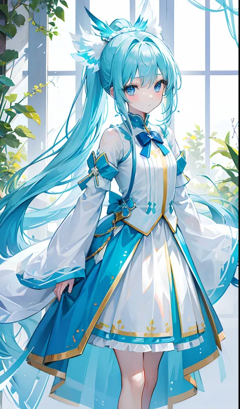 Long double ponytail in aqua blue，The blue and white clothes have some yellow on top，Clothes are a looming transparent texture，There are small skirts，Glowing with beautiful glow，Cute blue eyes，There are yellow ornaments to match，It looks petite and slender...