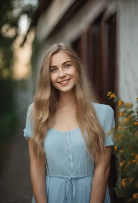 A young woman from Northern Europe, 18 years old, light blue eyes, happy, cute face, white skin, blomde hair, eyeliner, thin nose, wearing summer clothes, room in the background, amateur selfie, amateur selfie quality