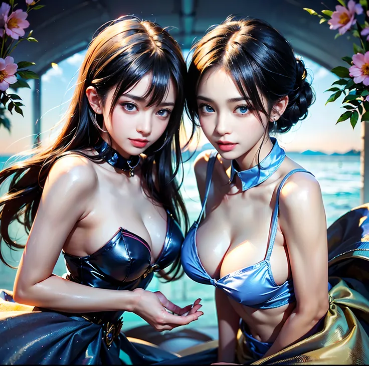 (top-quality)、 (​masterpiece)、(Professional lighting with fewer shadows)、 (A hyper-realistic)、 (perfect anatomia)、 (In front of the camera、There are two women、Forward and backward、Crying Kuroko、That and bangs and forehead), ( Huge breasts), (Bright and eve...