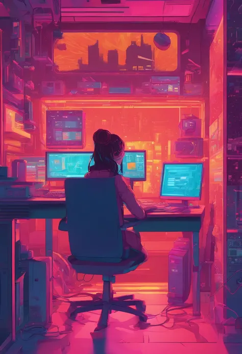 Illustration of a woman working on a computer through a room with various objects, Pastelcolor editorial illustration, No estilo de James Gilleard, illustration style, arte de james gilleard, flat illustration, in illustration style digital, magazine illus...