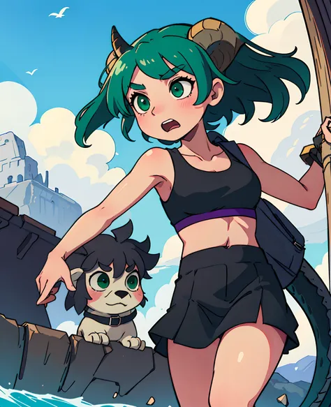 1 girl, short green hair, green eyes, wearing black sports bra and short black skirt, has two horn, anime girl, dragon tailed