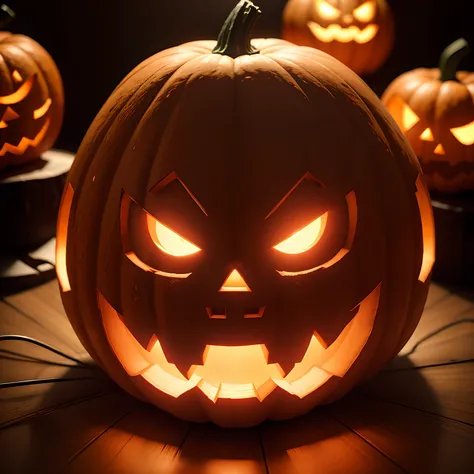 A halloween pumpkin head with lights and high contrast, imagem intrigante imagem de cinema 8k