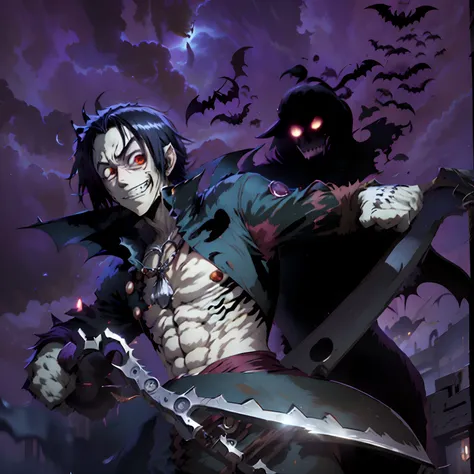 One piece manga, gecko moria, halloween theme, bats flying, vampire, dark theme, darkness vibe, terror, scissors, beautiful boy, gothic boy, vanitas, extreme long hair boy, vampire, pale skin, evil smile