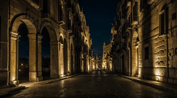 Catedral de Matera, street lighting twilight particle lights at night, Detalhes altos, Efeito Tyndall