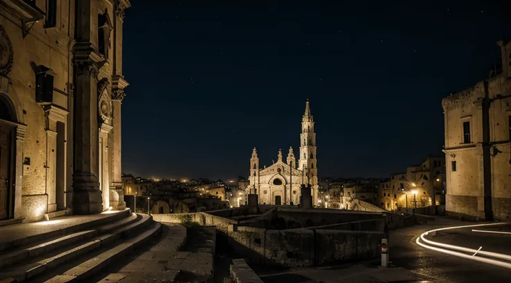 Catedral de Matera, street lighting twilight particle lights at night, Detalhes altos, Efeito Tyndall