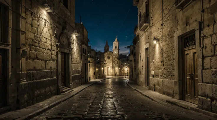 catedral de matera, street lighting twilight particle lights at night, detalhes altos, efeito tyndall