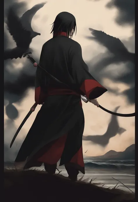 (master part, best quality, high resolution,granulado:1.2), 
quebrar (Uchiha Itachi:1.3), Cabelos Longos,protetor de testa, Ninja, capa, Garganta alta, jewelries, colar,cabelos pretos ,Olhos vermelhos , macho, 1st grade, black smoke surrounding, covered in...