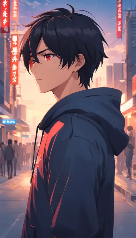 (masterpiece, best quality:1.2), cowboy shot,young man in his mid-20s, Red Eyes,black hair,long hair, Wearing a black hoodie,face forward