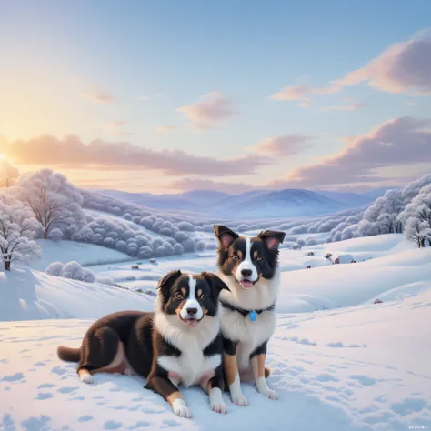 (A hyper-realistic)、(illustratio)、(hight resolution)、(8k picture)、(ighly detailed、（pup）、（Border collie）、（1animal）、Drive through the snowy fields、Dawn background、Soft lighting from the top right、roundly eyes、blue-sky、reallistic、fluffy fur