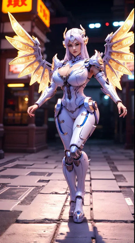 (DRAGON HEAD), HUGE FAKE BOOBS, (BEAUTIFUL FACE), (GOLD:1.2, WHITE:0.8, PURPLE:0.9 MECHA ARMORED GEAR), (((A PAIR OF HUGE MECHANICAL WINGS SPREAD OUT))), FUTURISTIC DRAGON MECHA SUIT, (CLEAVAGE), (SKINTIGHT YOGA PANTS), (HIGH HEELS), (PERFECT BODY:1.2), (F...