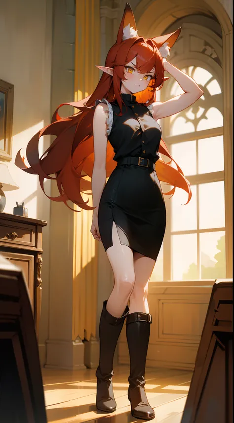 Original Character,8k, Masterpiece, Best Quality,Detailed, solo),1girl, medium breasts,black shirt,sleeveless,black pencil skirt,black long boots,long hair,yellow eyes,red hair,fox ears,elf ears,(standing in a room in castle),angry,cowboy shot