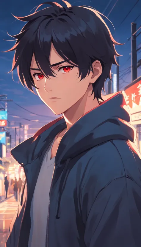 (masterpiece, best quality:1.2), cowboy shot,young man in his mid-20s, Red Eyes,black hair,long hair, Wearing a black hoodie,face forward