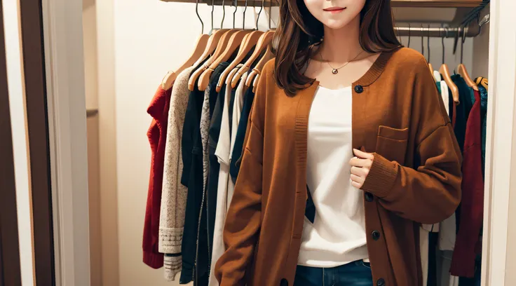 1 woman, in closet, organize from summer clothes to autumn clothes