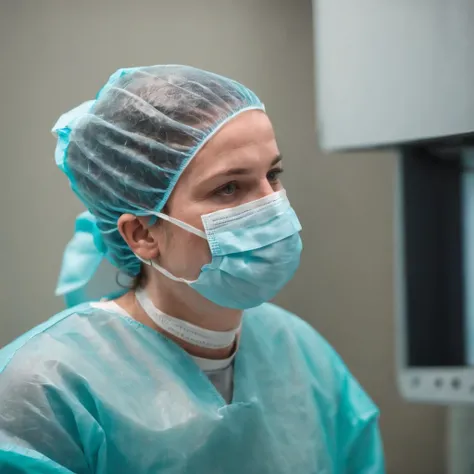 RAW photo of a surgeon wearing medical gear and surgical mask, 1994