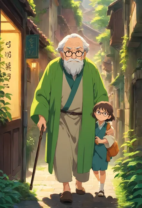 There is an old man with glasses and cane accompanied by an adult woman and a child dressed in green. , los 3 estan pasando por una pasillo oscuro