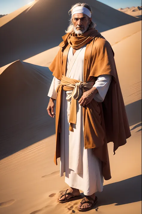 closeup portrait of a man in robes standing on a desert dune, lens flare, sandals, bandana