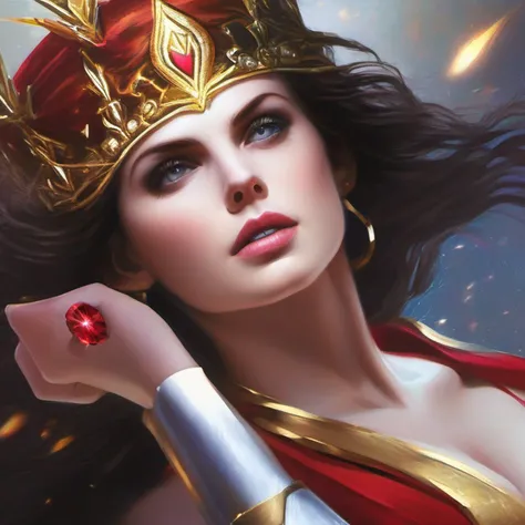 Sexy alexandra daddario as a beautiful female superheroine , olhos verdes cabelos castanhos, rabo-de-cavalo, camisa vermelha da colheita, com uma estrela dourada, wears a golden tiara on his forehead with a red gem on his head , Pulseiras de Ouro, Botas ve...