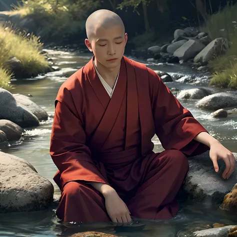 A Buddhist monk meditating By the stream, his coral-colored threads are coming out The facial expression is peaceful, cinematic lighting hyper realistic super details skin texture is very detail