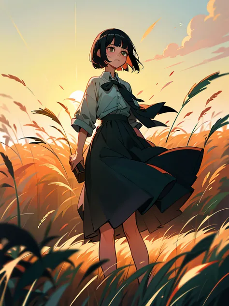 Black hair short bob２０Female Generation、Natural clothing、skirt by the、grass field、the setting sun、Contre-Jour、